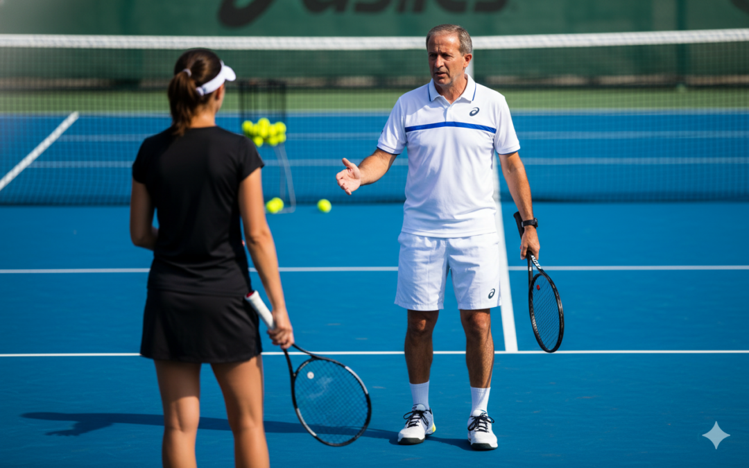 Allenarsi nel tennis moderno con un coach durante una sessione di allenamento su campo hard